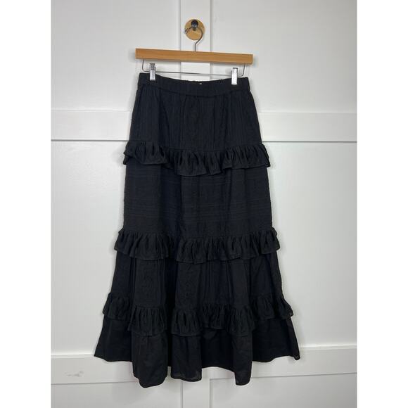 NEW Figue Elastic Waist Ruffle Tiered Eyelet Black Midi Skirt Size: Small - Picture 2 of 7